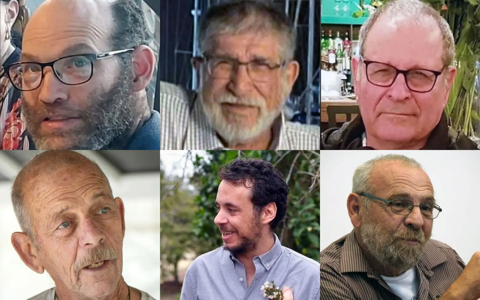 Alex Dancyg, 75, from Kibbutz Nir Oz Yagev Buchshtav, 35, from Kibbutz Nirim Chaim Peri, 79, from Kibbutz Nir Oz Yoram Metzger, 80, from Kibbutz Nir Oz Nadav Popplewell, 51, from Kibbutz Nirim Avraham Munder, 78, from Kibbutz Nir Oz